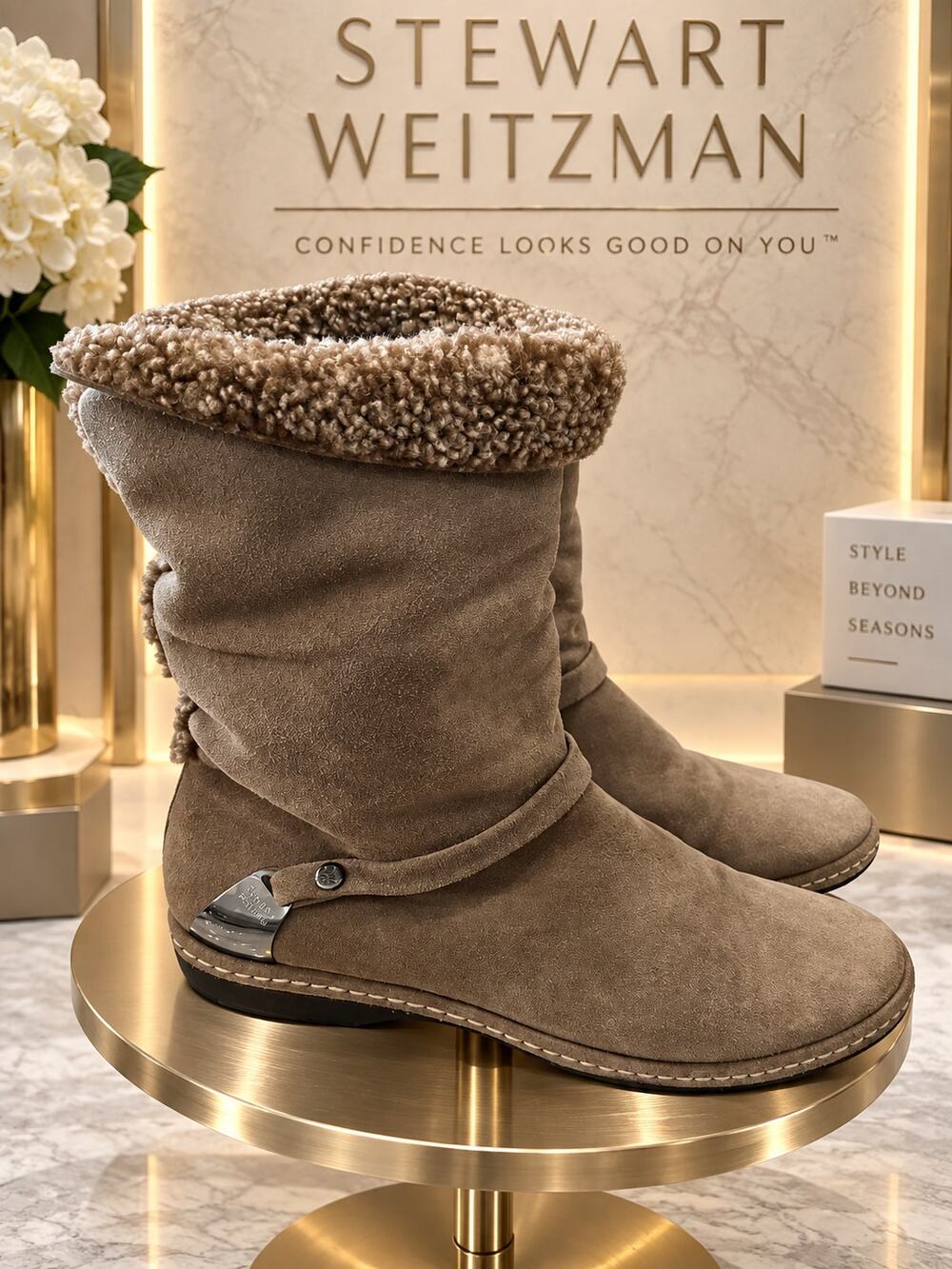 Stuart Weitzman Taupe Suede Shearling Lined Slouch Boots Size 8.5